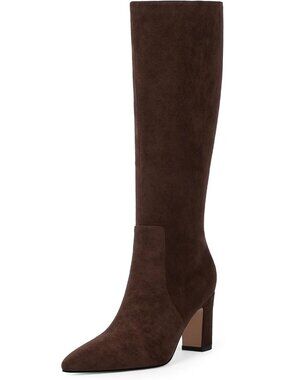 Women's Chocolate Brown  Suede Chunky Heel Pointed Toe Side Zipper Knee High Bo